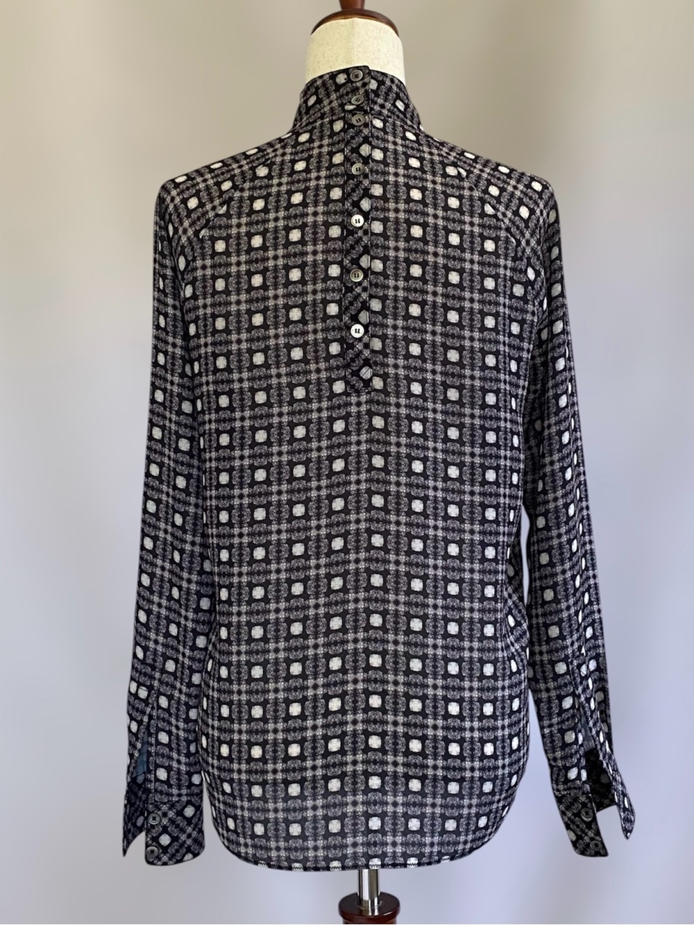 L.A.M.B. Geometric Drape Flap Collar Button Long Sleeve Blouse - Picture 2 of 11